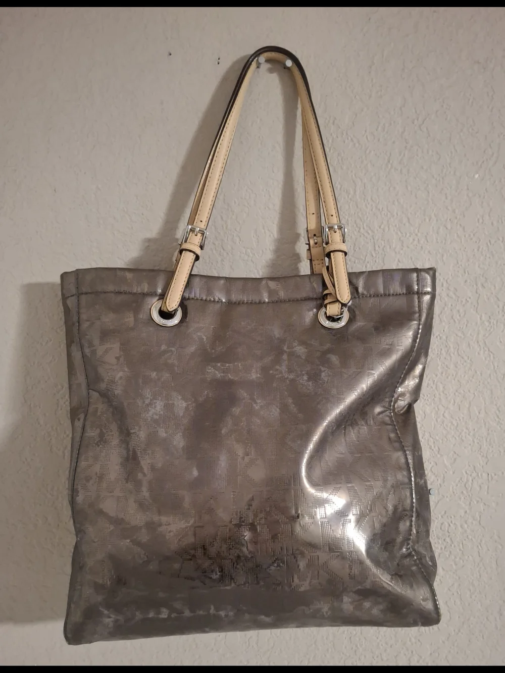 Fair Condition Michael Kors Metallic Bronze Logo Tote with Tan Handles - Picture 2 of 15